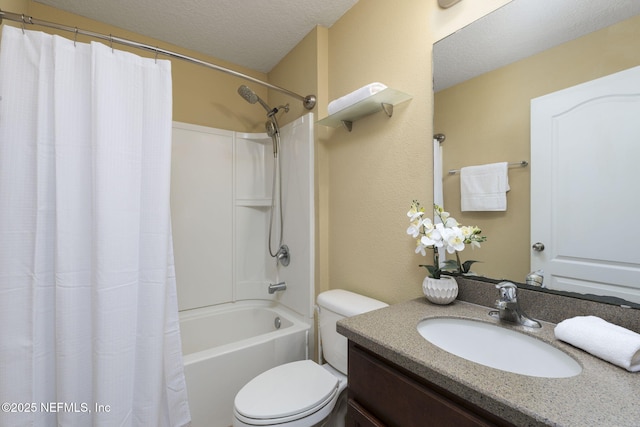 full bathroom with vanity, shower / bathtub combination with curtain, a textured ceiling, and toilet