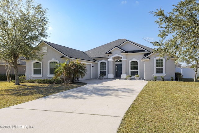 ranch-style house featuring a garage and a front yard