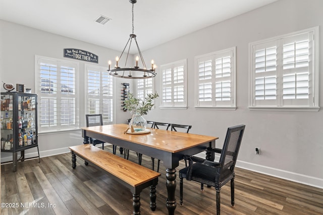 dining room with a healthy amount of sunlight, baseboards, visible vents, and dark wood-style flooring