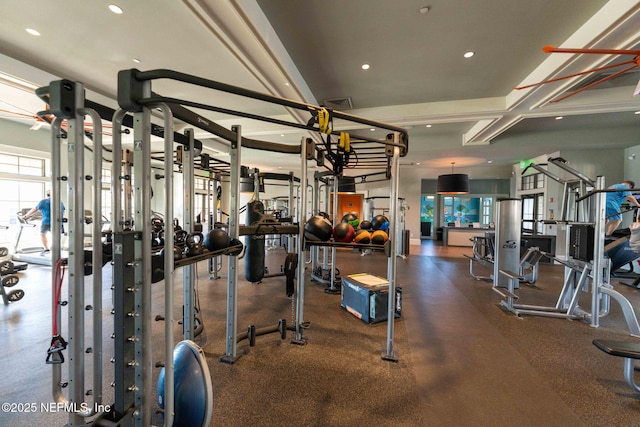 workout area featuring recessed lighting