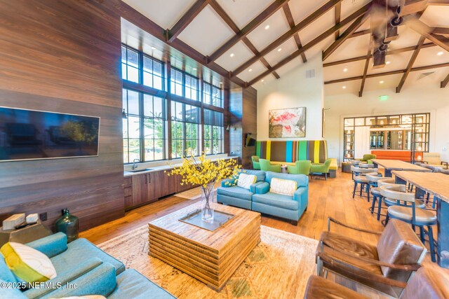 living room featuring high vaulted ceiling, wood walls, visible vents, beam ceiling, and wood-type flooring