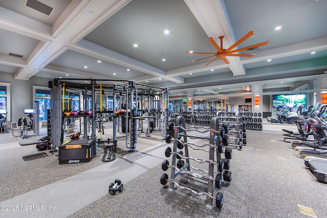 exercise room with recessed lighting, coffered ceiling, and visible vents