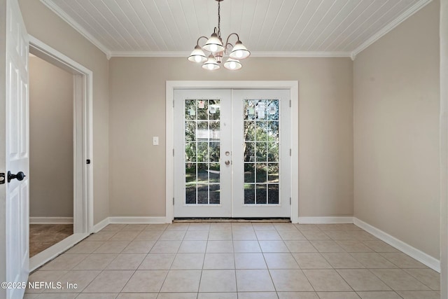 doorway to outside featuring light tile patterned flooring, ornamental molding, french doors, and an inviting chandelier