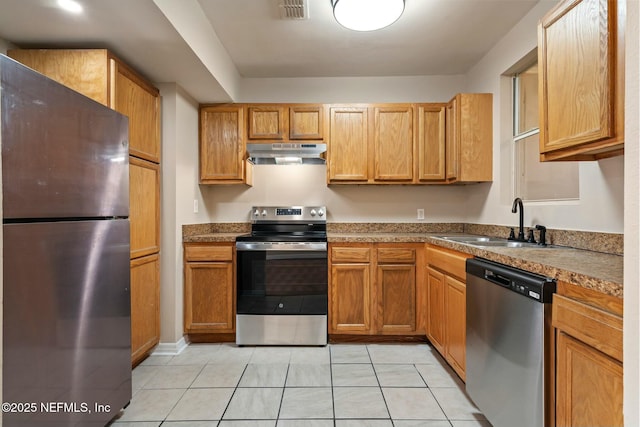 kitchen with sink, light tile patterned floors, and stainless steel appliances