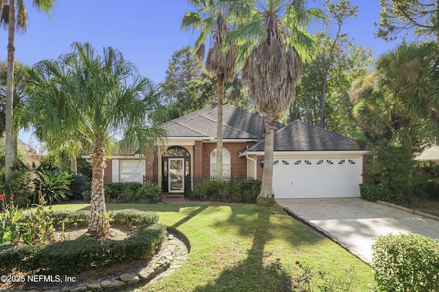 single story home with a front yard and a garage