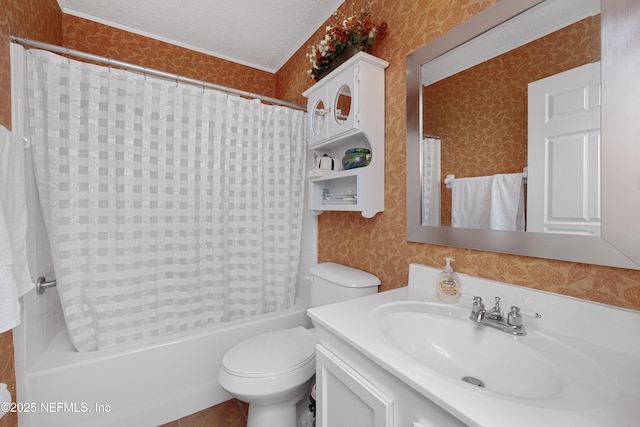 full bathroom featuring vanity, a textured ceiling, toilet, and shower / tub combo with curtain