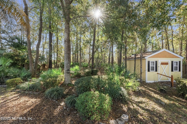 view of yard featuring a storage unit