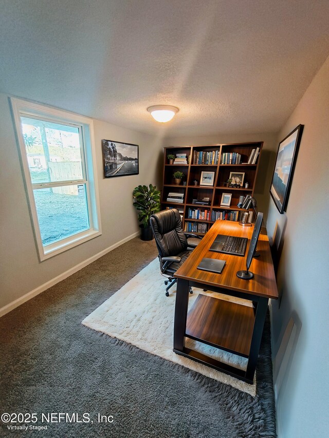 office featuring carpet floors, baseboards, and a textured ceiling