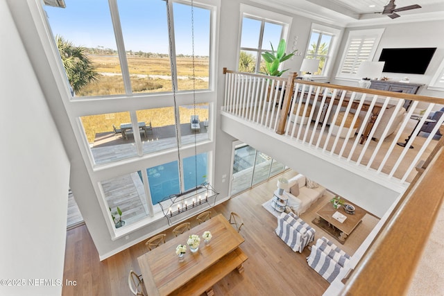 living room featuring ceiling fan, a high ceiling, and hardwood / wood-style floors