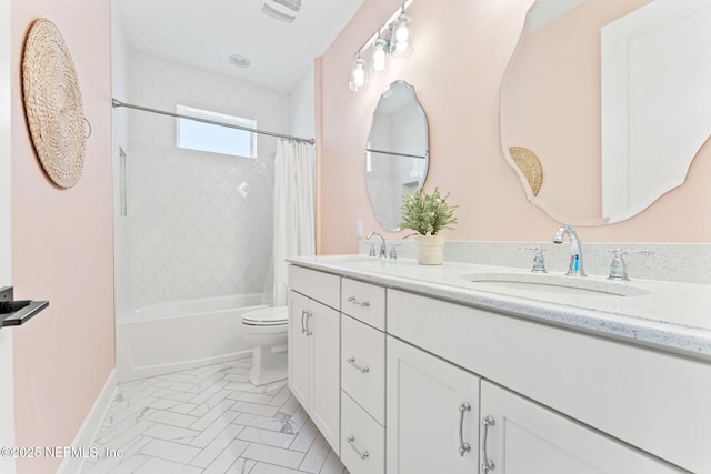 full bathroom with toilet, vanity, and shower / bath combo