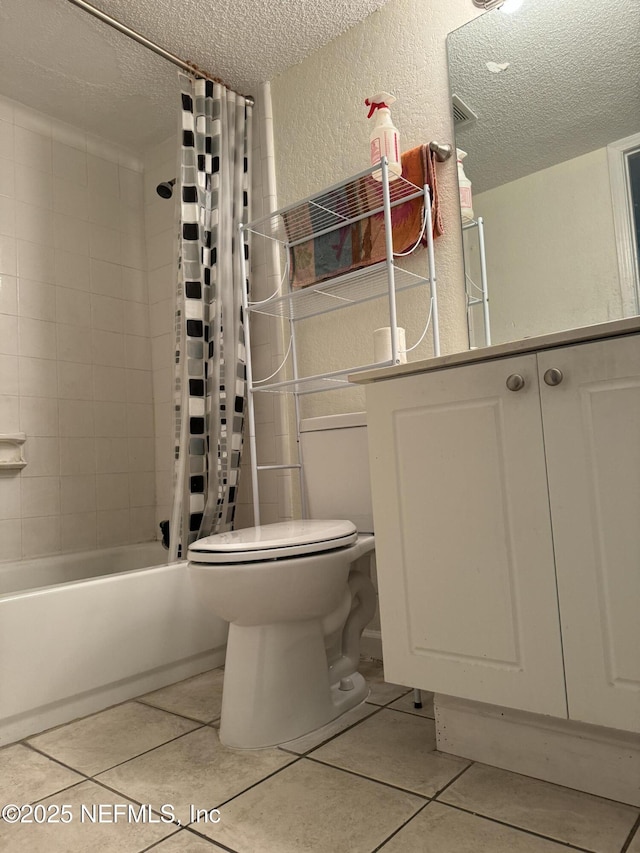 bathroom with toilet, shower / bath combination with curtain, a textured ceiling, and tile patterned floors