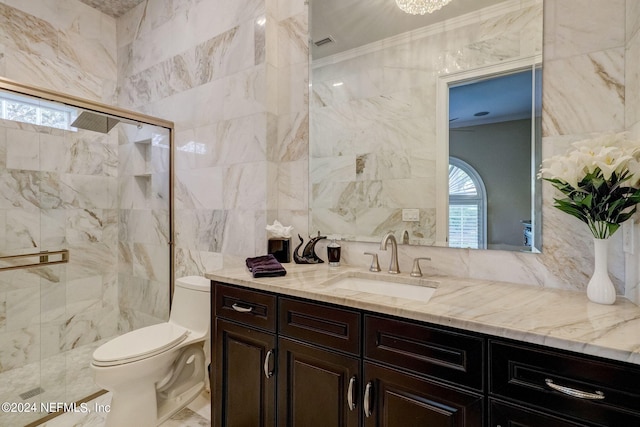 full bathroom with toilet, a stall shower, ornamental molding, and tile walls