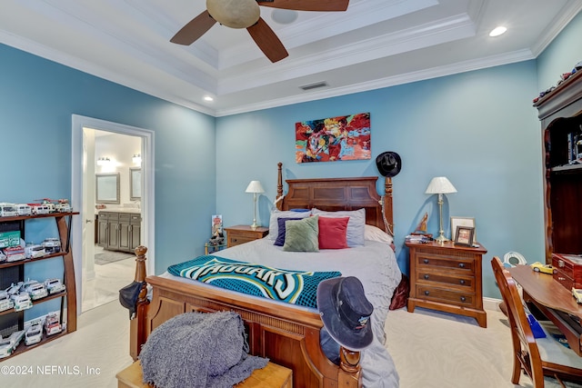 bedroom with recessed lighting, light carpet, visible vents, ornamental molding, and a tray ceiling