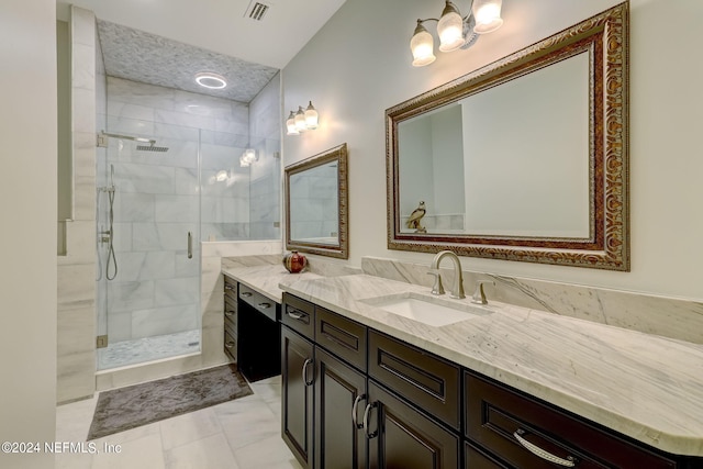 full bath featuring visible vents, marble finish floor, a stall shower, and vanity