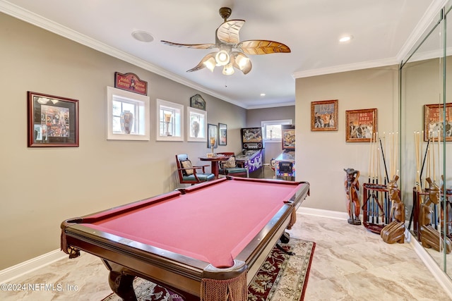 game room with ceiling fan, recessed lighting, pool table, baseboards, and crown molding