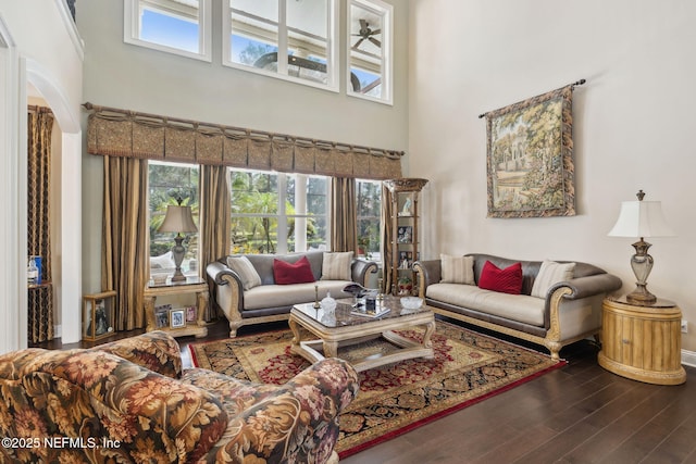 living area featuring a high ceiling and wood finished floors