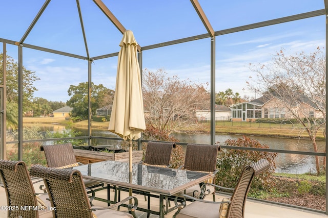 sunroom / solarium with a water view