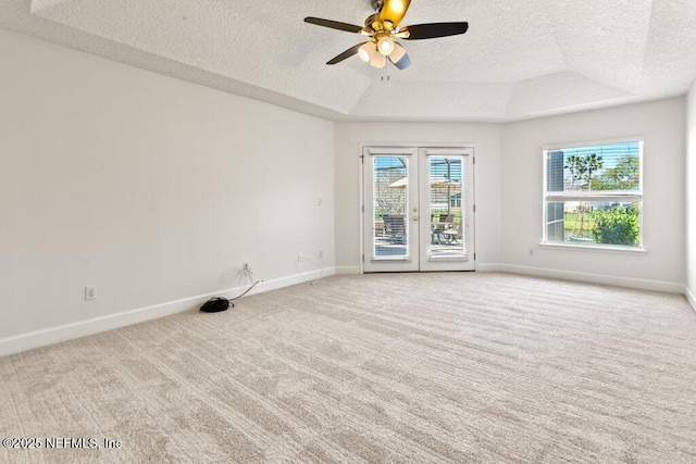 spare room with a textured ceiling, a raised ceiling, and carpet floors
