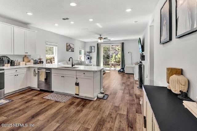 kitchen with white cabinetry, stainless steel dishwasher, ceiling fan, and sink