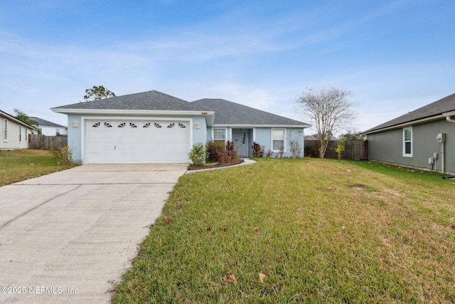 single story home with a front yard and a garage