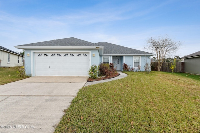 ranch-style house with a front yard and a garage