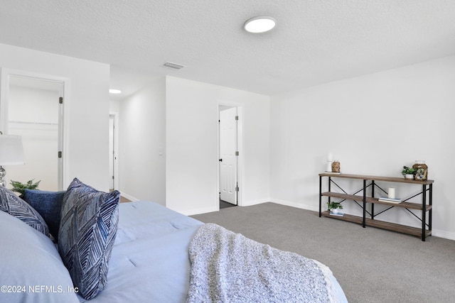 carpeted bedroom with a textured ceiling, a spacious closet, and a closet