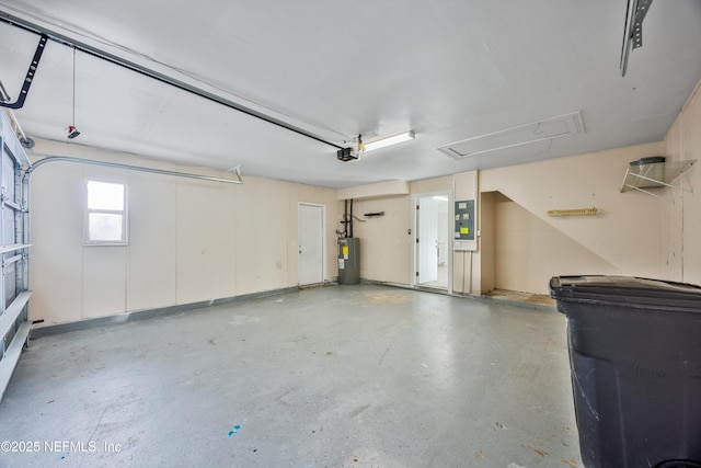 garage with a garage door opener, electric panel, and electric water heater