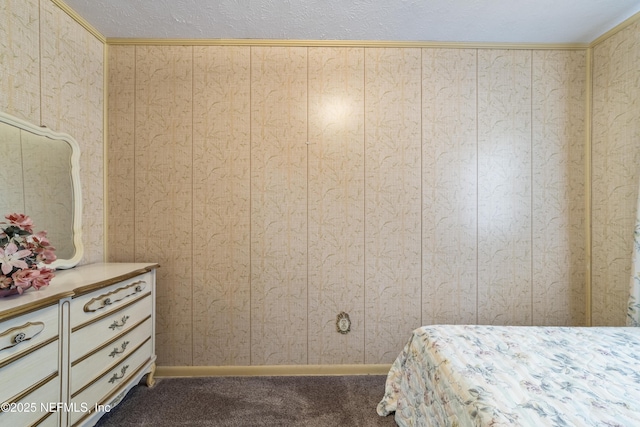 bedroom featuring carpet, ornamental molding, and wooden walls