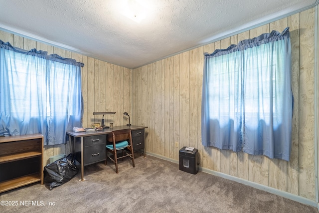 office space with carpet flooring, a wealth of natural light, wood walls, and a textured ceiling