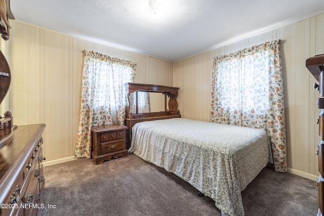 carpeted bedroom with a textured ceiling and multiple windows