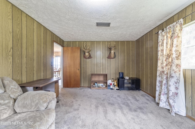 sitting room with light carpet and a textured ceiling