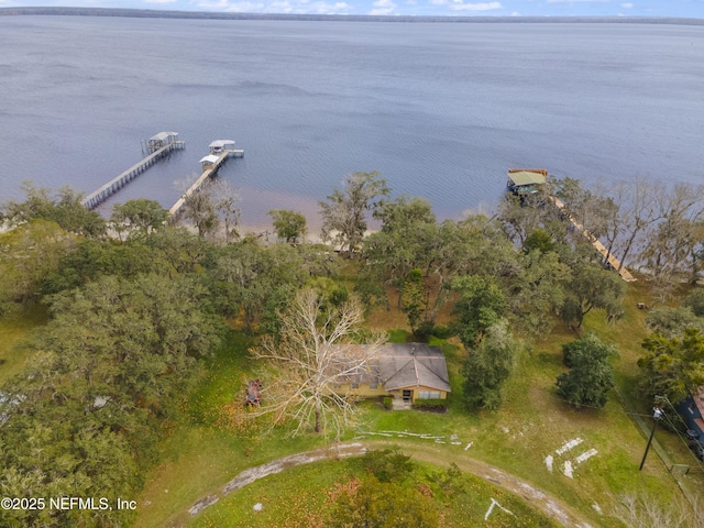 drone / aerial view featuring a water view