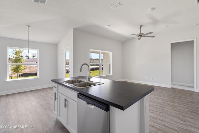 kitchen with pendant lighting, white cabinetry, sink, a kitchen island with sink, and stainless steel dishwasher