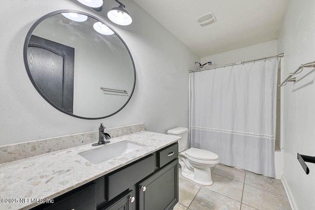 full bathroom featuring tile patterned floors, vanity, shower / bath combination with curtain, and toilet