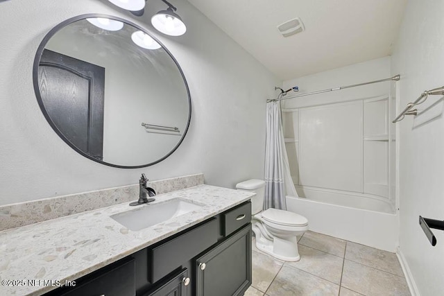 full bathroom with tile patterned flooring, shower / bath combo, vanity, and toilet