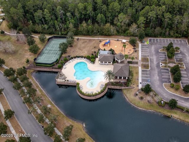 bird's eye view with a water view