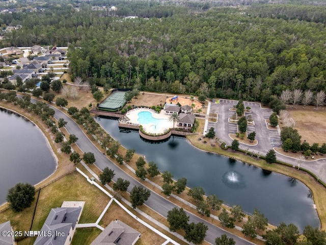 birds eye view of property featuring a water view