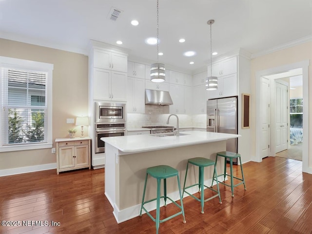 kitchen featuring pendant lighting, a breakfast bar, sink, an island with sink, and stainless steel appliances