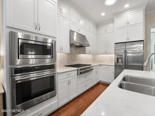 kitchen with white cabinets, appliances with stainless steel finishes, ventilation hood, and sink