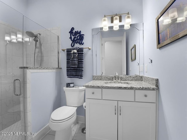 bathroom featuring tile patterned flooring, vanity, toilet, and a shower with door