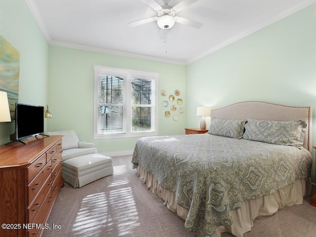 bedroom with light colored carpet, ceiling fan, and ornamental molding