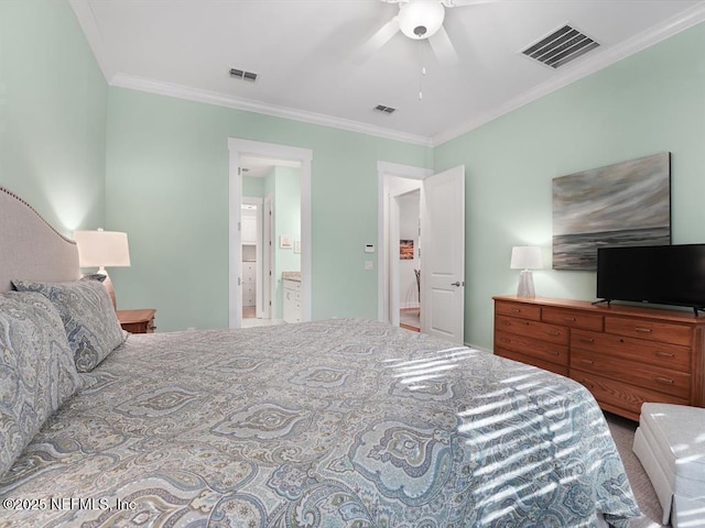 bedroom with ceiling fan and ornamental molding