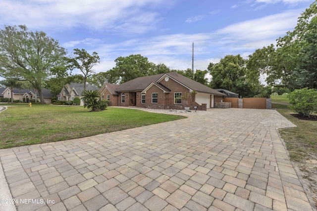 single story home with a garage and a front lawn