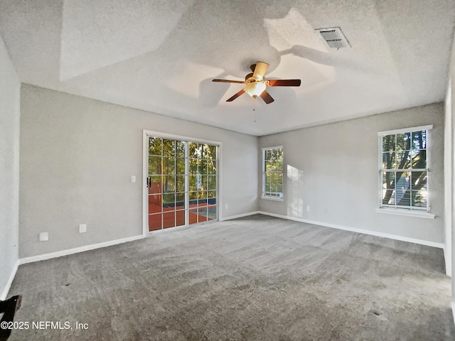 spare room featuring ceiling fan, plenty of natural light, carpet floors, and a textured ceiling