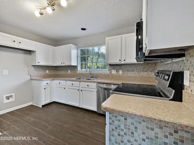 kitchen with white cabinets, sink, stainless steel dishwasher, a textured ceiling, and electric range oven