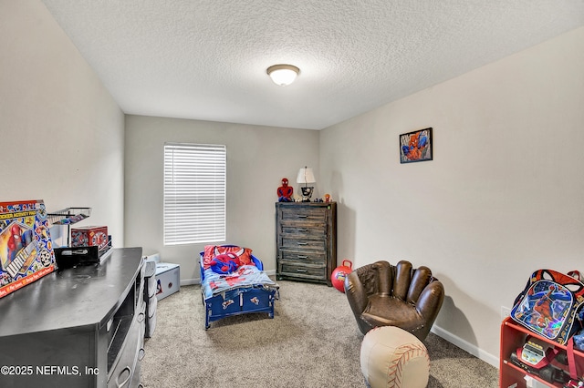 interior space with a textured ceiling and carpet