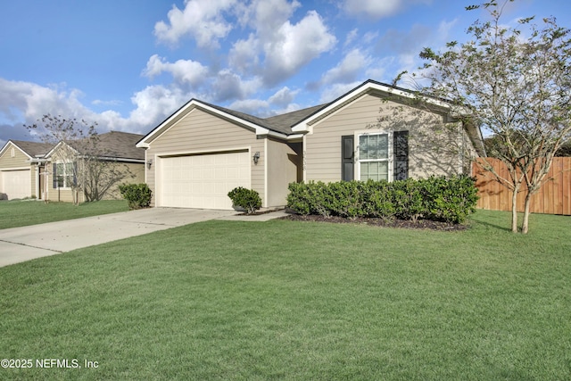 ranch-style house with a front yard and a garage