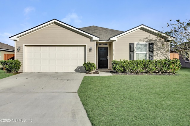 ranch-style house with a front lawn and a garage