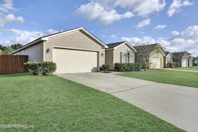 ranch-style home featuring a front yard and a garage