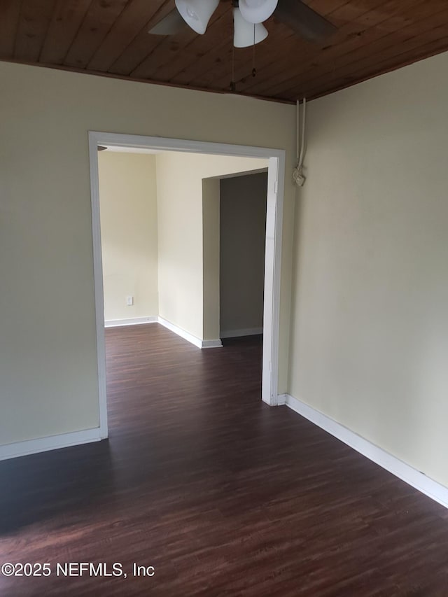 spare room with dark hardwood / wood-style flooring and wooden ceiling